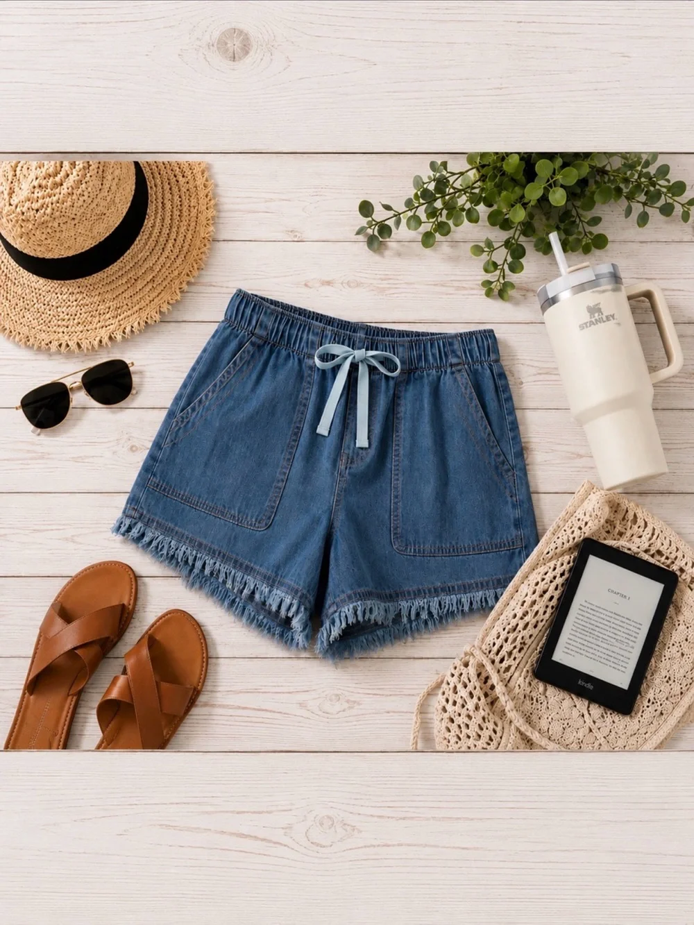 Denim Drawstring Frayed Hem Shorts Lightweight Chambray Beachy Boho Large NWOT